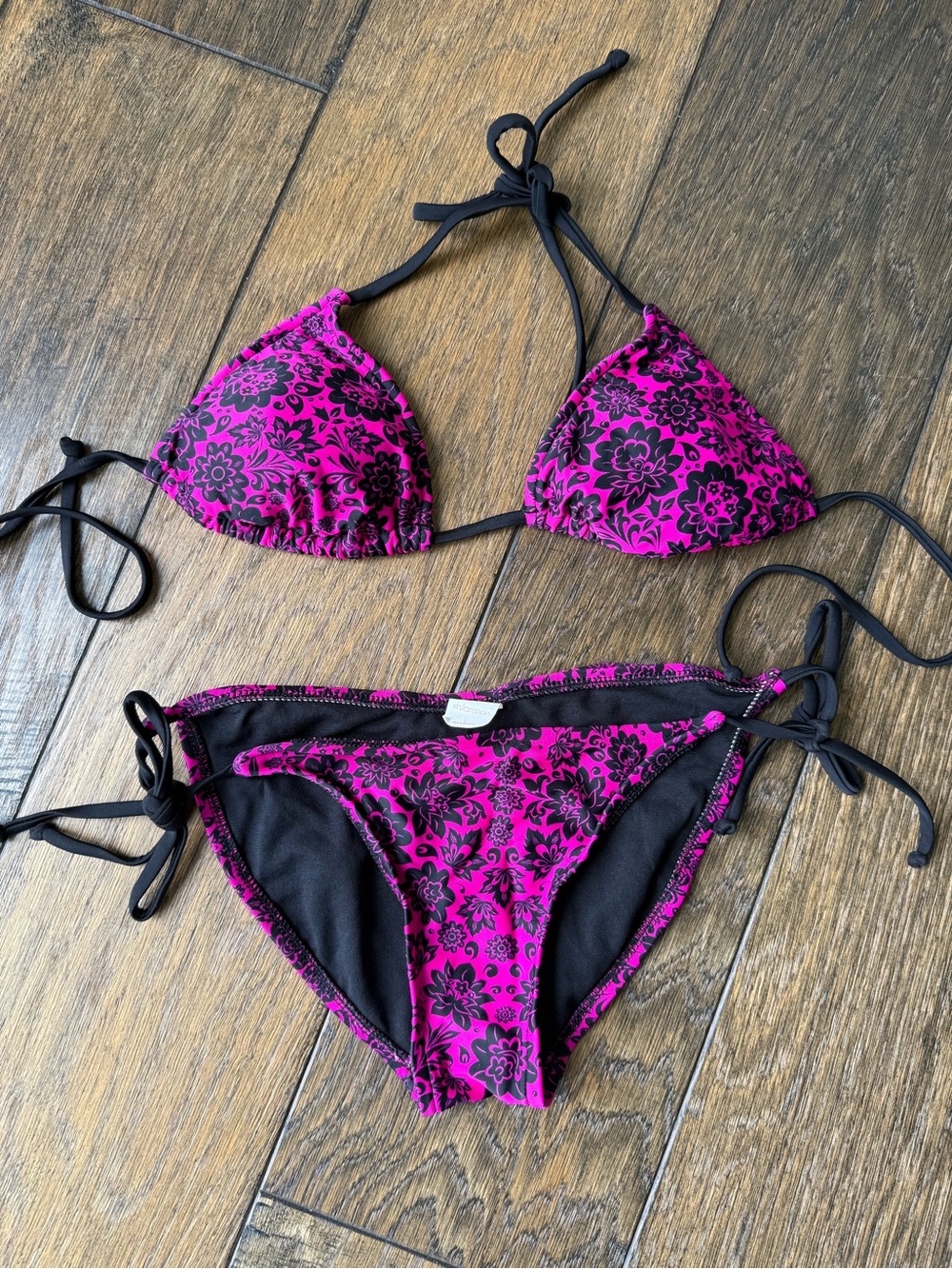 Xhilaration Pink Black Floral Bikini Set Medium Top Small Bottom - Picture 3 of 7